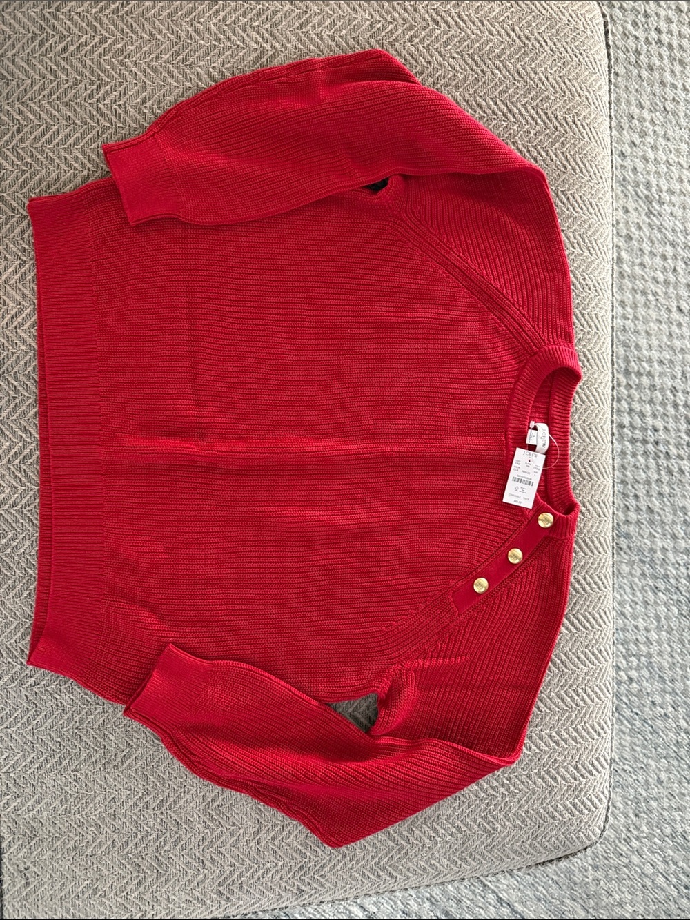 J. Crew Red Ribbed Crewneck Sweater with Gold Shoulder Buttons